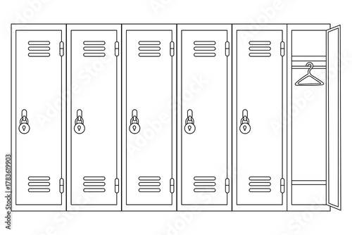 School locker line illustration vector for room and isolated office. Line design with minimal style for signage and layouts. Ideal for gym in outline with education.