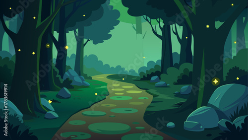 A path through a dark and green forest