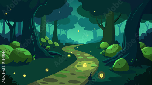 Path through a dark forest with fireflies