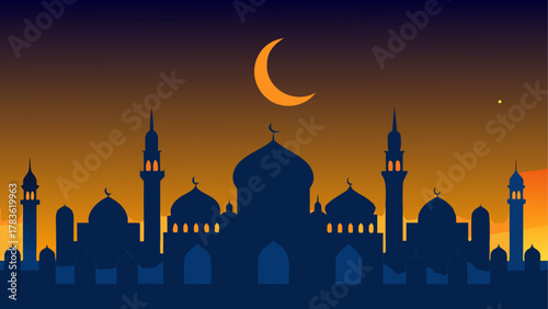 Silhouette of mosque with crescent moon