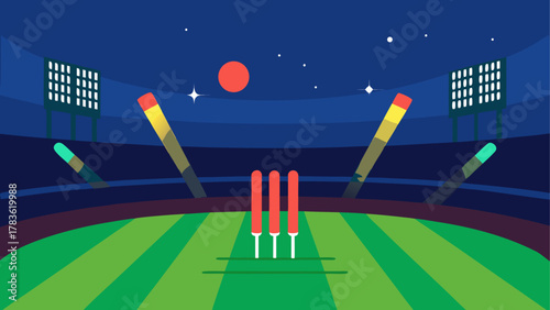 Cricket pitch under night sky illustration