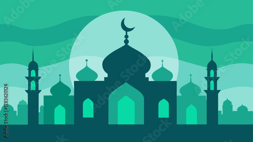 Silhouette of a mosque against the moon