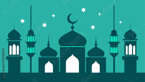 Silhouette of mosque with crescent and stars