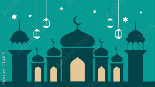 Illustration of mosque with stars and lamps
