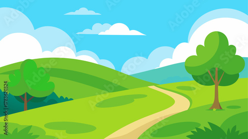 Cartoon landscape with path and trees view
