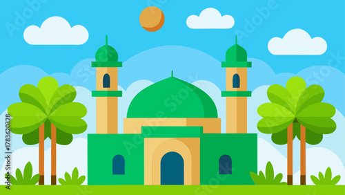 Illustration of a green mosque with trees