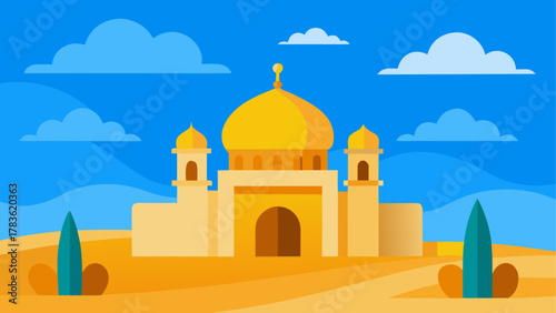 Golden mosque under a blue sky with clouds