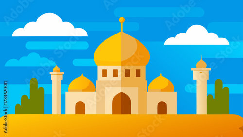 Cartoon mosque under a cloudy blue sky