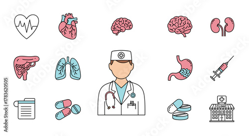 Vibrant and Simple Linear Illustration of Medical Icons: Featuring Organs like Heart, Brain, Lungs, Liver, Kidneys, Stomach, alongside a Doctor, Pills, Syringe, and Clinic Building, Perfect for
