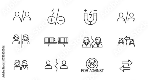 Set of editable line icons representing social polarization, conflict, and disagreement, including symbols for opposing sides, broken barriers, magnets attracting and repelling, and for/against