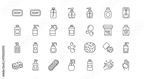 A comprehensive collection of minimalistic linear soap icons, featuring various soap dispensers, bottles, sponges, and handwashing illustrations, perfect for web, graphic design, apps, banners