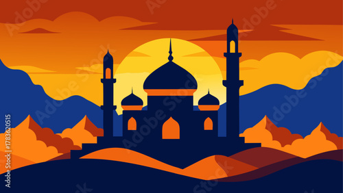 Silhouette of mosque at sunset landscape