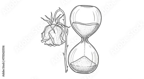 Artistic sketch of a withered rose next to a classic hourglass, symbolizing the passage of time and the ephemeral nature of beauty, rendered in a detailed black and white vector illustration on a