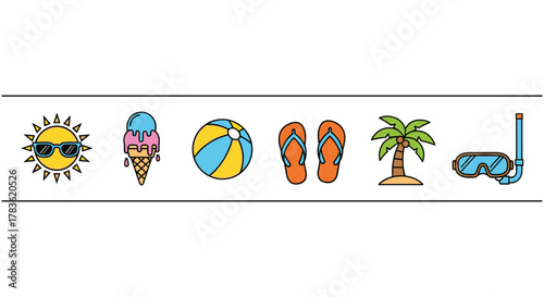 Vibrant cartoon illustration of summer vacation essentials arranged in a line on a clean white background, featuring a cool sun with sunglasses, a melting ice cream cone, a beach ball, flip-flops, a