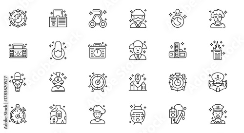 Collection of 24 simple, linear, outline-style vector icons, featuring sparkles and stars, suitable for web, books, cards, and apps, with editable strokes, representing diverse concepts like time