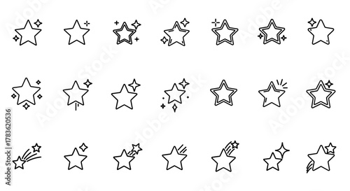 Collection of Star Icons: A Diverse Set of Editable Stroke Vector Illustrations Featuring Stars, Shooting Stars, and Sparkles, Ideal for Infographics, Articles, Books, Flyers, and Banners with a