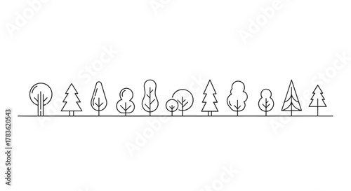 A minimalist vector illustration showcasing a diverse collection of stylized trees lined up horizontally against a clean white background, perfect for web design, graphic applications, banners