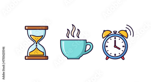 Vivid cartoon illustration of a time line icon set featuring an hourglass, a steaming coffee cup, and a ringing alarm clock, perfect for graphics, concepts, and apps, presented on a clean white
