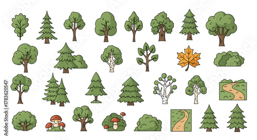 Collection of stylized cartoon trees and bushes, including deciduous and coniferous varieties, a maple leaf, mushrooms, and winding paths, perfect for graphic design, web sites, cards, books, and