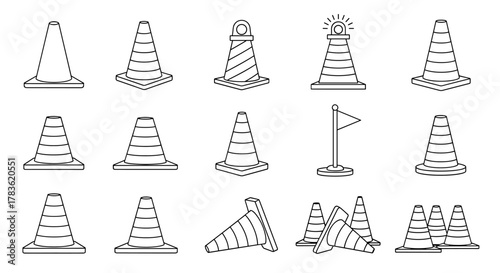 Collection of traffic cone outline illustrations, including standard cones, cones with lights, and flag markers, perfect for infographics, articles, books, flyers, and banners, presented as editable
