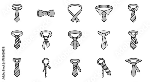 Collection of 15 diverse tie and bow tie icons with editable strokes, presented in a clean, cartoon vector style on a white background, ideal for web, books, cards, and app designs, showcasing