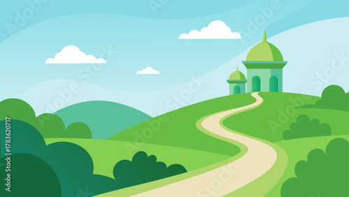 Cartoon landscape with mosque and winding path