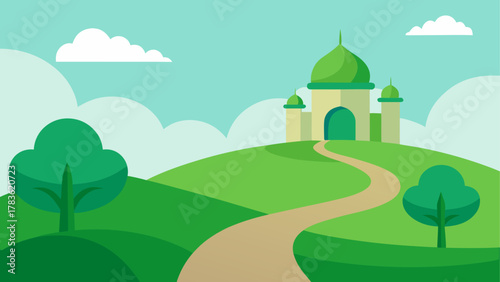 A mosque on a hill with trees and clouds
