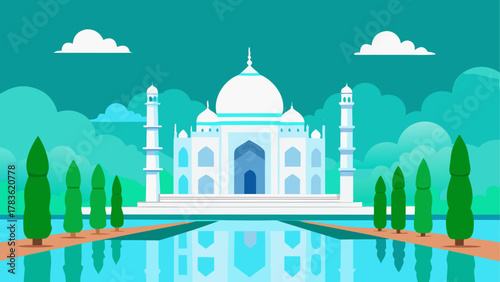 Taj mahal with reflection and trees view