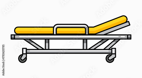 Emergency Medical Stretcher with Yellow Pad and Wheels, Flat Vector Illustration