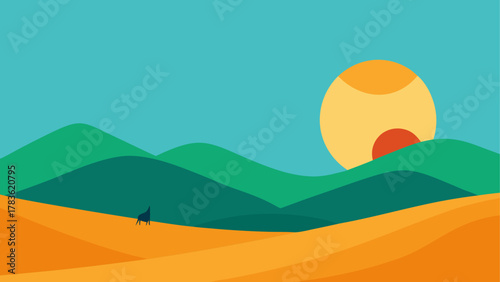 Minimalist desert landscape with sun and wolf