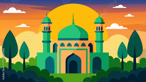 Beautiful mosque at sunset illustration