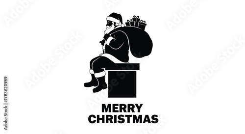 Silhouette of santa claus sitting on a chimney with a sack full of gifts and the text merry christmas below