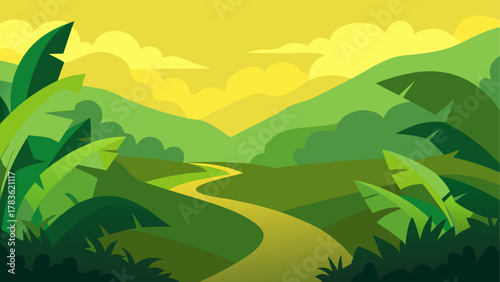 Landscape with winding path and green hills