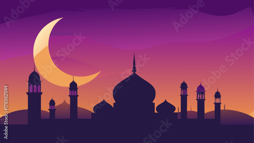 Silhouette of mosque with crescent moon sky