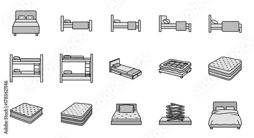 Collection of thin line icons representing various types of beds and mattresses, including single beds, bunk beds, double beds, and different mattress styles, presented on a clean white background