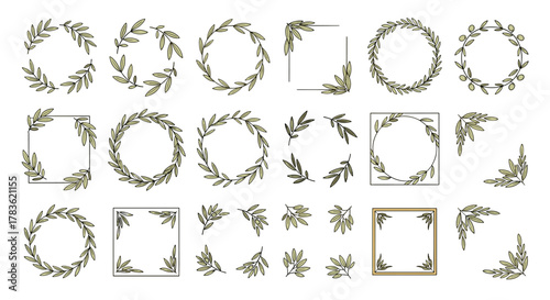 Set of elegant olive branch frames and corner elements, perfect for invitations, greeting cards, and natural-themed designs. Vector cartoon illustration on a clean white background, showcasing