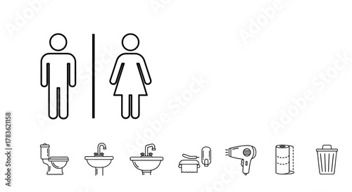 Clean black and white line icon set depicting restroom symbols for male and female figures, a toilet, sinks, a toilet paper dispenser, a hairdryer, a paper towel roll, and a trash can, all isolated