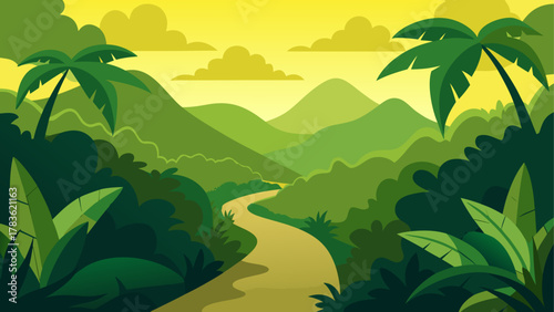 Cartoon landscape with jungle and mountains