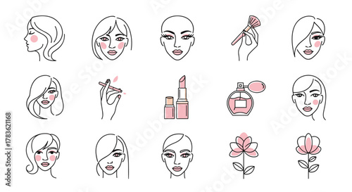 Collection of minimalist linear icons representing female beauty and cosmetics, featuring stylized faces with makeup, lipstick, perfume bottle, makeup brush, and delicate flowers, all in a clean