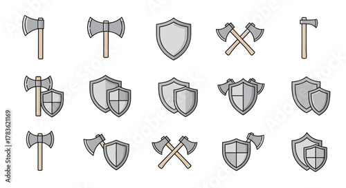 Collection of minimalistic thin line icons featuring axes and shields, symbolizing protection, battle, and medieval themes. Ideal for web design, graphic applications, banners, social media, and card