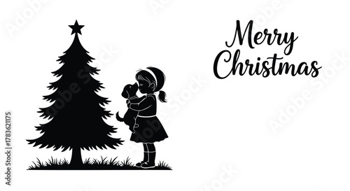 Silhouette of a young girl tenderly hugging a puppy next to a christmas tree with merry christmas text