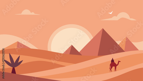 Desert pyramids with camel and setting sun