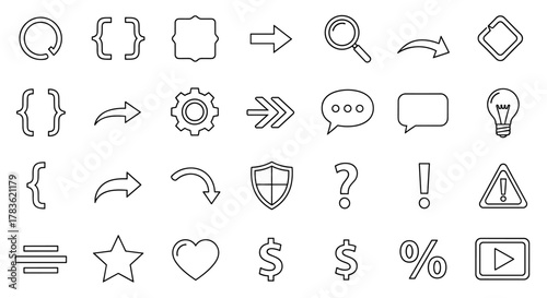 Collection of outline icons and symbols, including brackets, arrows, gear, search, speech bubbles, lightbulb, shield, question mark, exclamation, warning, horizontal lines, star, heart, dollar