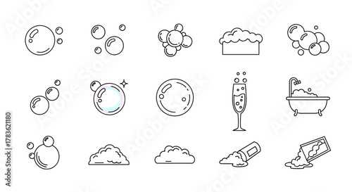 Set of line art icons representing bubbles and foam, including a bathtub with bubbles, a champagne flute with effervescence, and various bubble clusters, all on a clean white background, perfect for