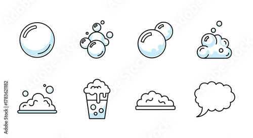 Collection of eight stylized line icons representing bubbles and foam, perfect for interface elements, social media posts, advertisements, and various card designs. This vector cartoon illustration
