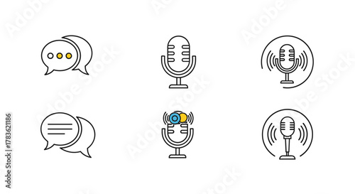 Set of six vector line icons representing podcasting and communication, featuring speech bubbles and microphones with sound waves, presented on a clean white background for versatile design
