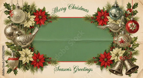 Vintage Christmas card illustration with ornaments, poinsettias, bells, and a green banner for text.