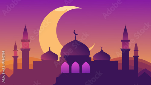 Mosque silhouette with a crescent moon art