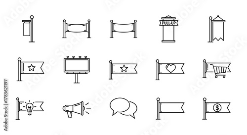 Collection of Street Banner Related Line Icons: Outline Signs for Graphic and Web Design, Apps, Advertisements, Various Cards, Vector Cartoon Illustration with a Pull-Up Banner, Flags with Star