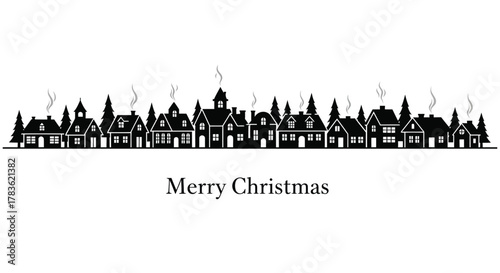 Silhouette of a charming winter village with smoking chimneys and evergreen trees under a clear sky with merry christmas text